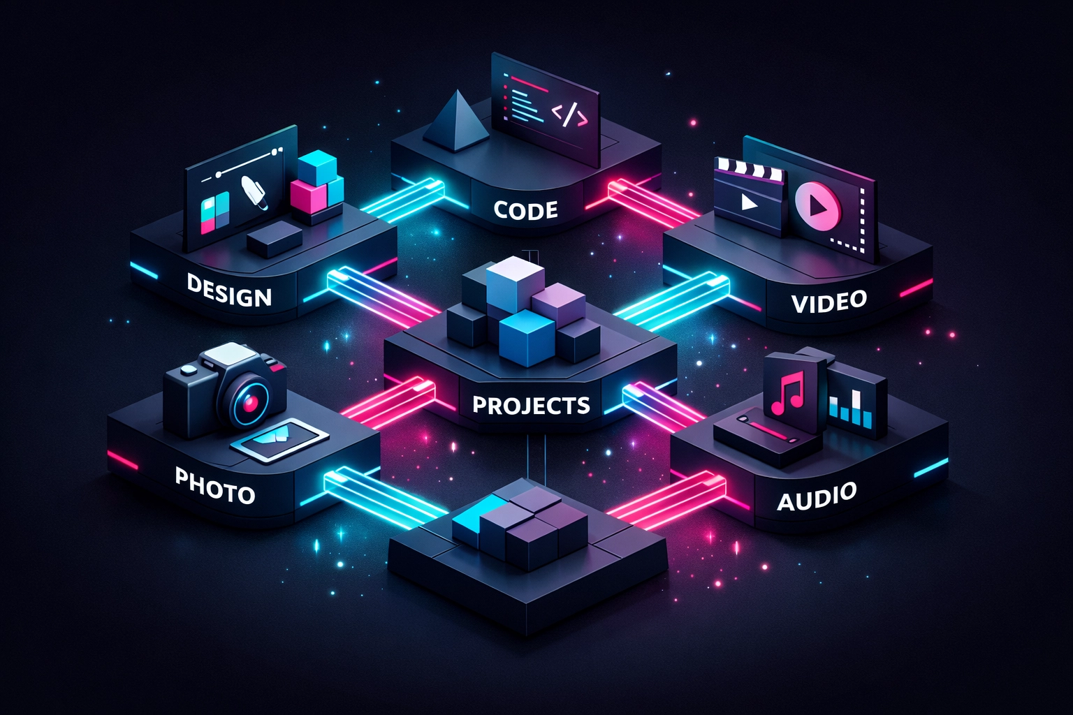 Interconnected creative modules syncing in real-time within unified browser-based studio