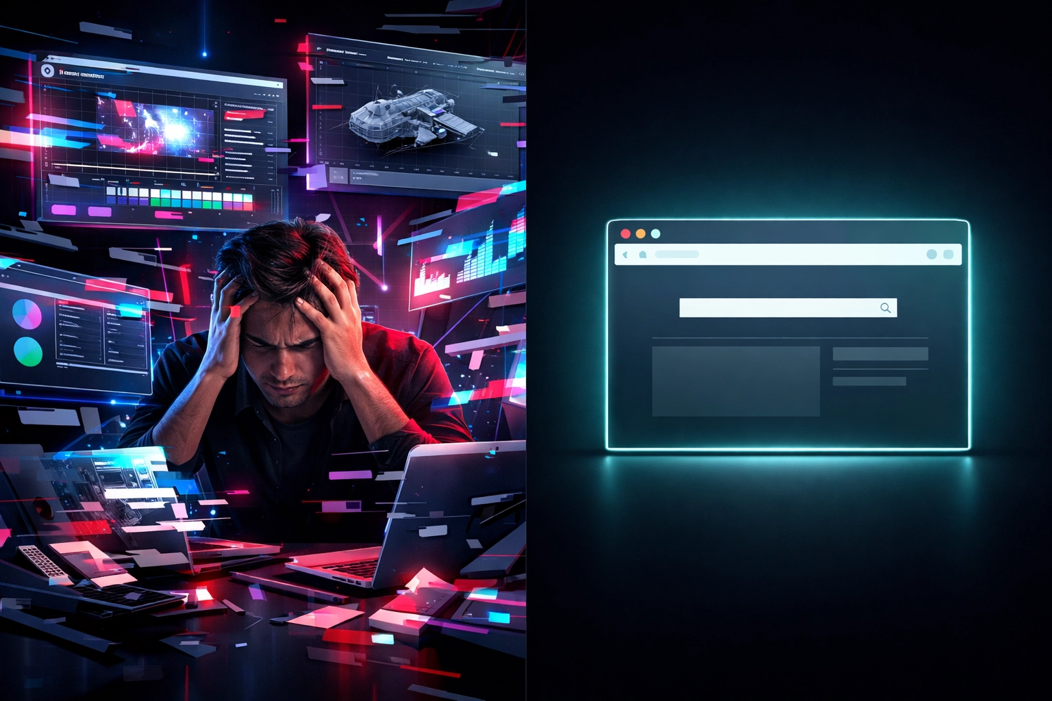 Chaos of multiple creative apps versus streamlined browser-based workflow in single tab
